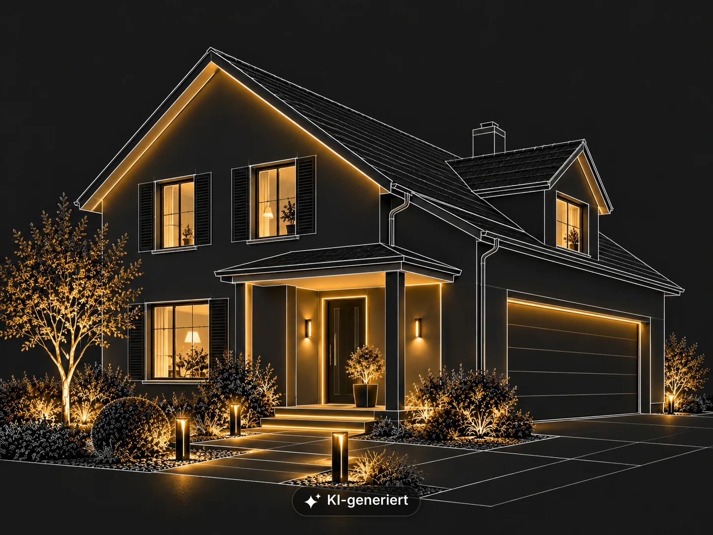 Illustration eines Einfamilienhauses bei Nacht mit Außenbeleuchtung, LED-Akzenten und beleuchtetem Garten