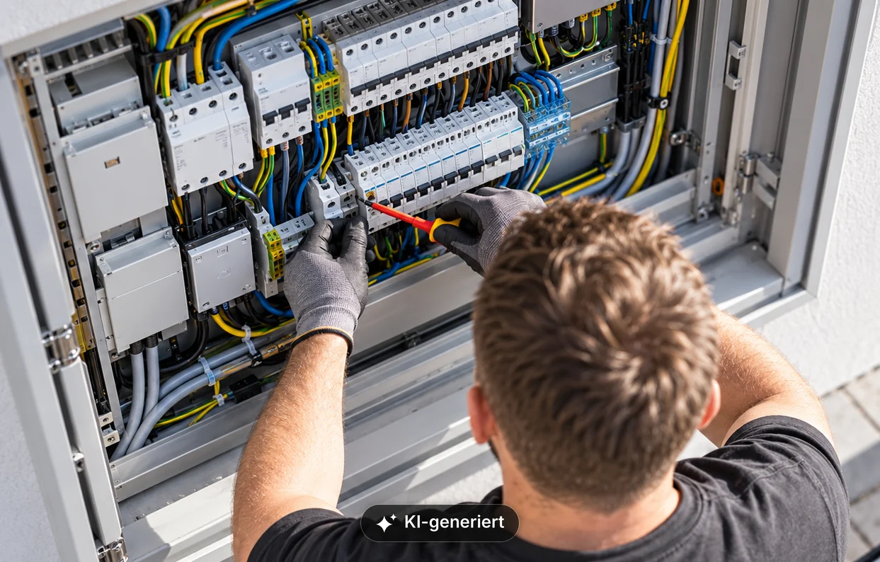 Elektriker mit Arbeitshandschuhen verdrahtet einen Verteilerschrank mit dem Schraubendreher
