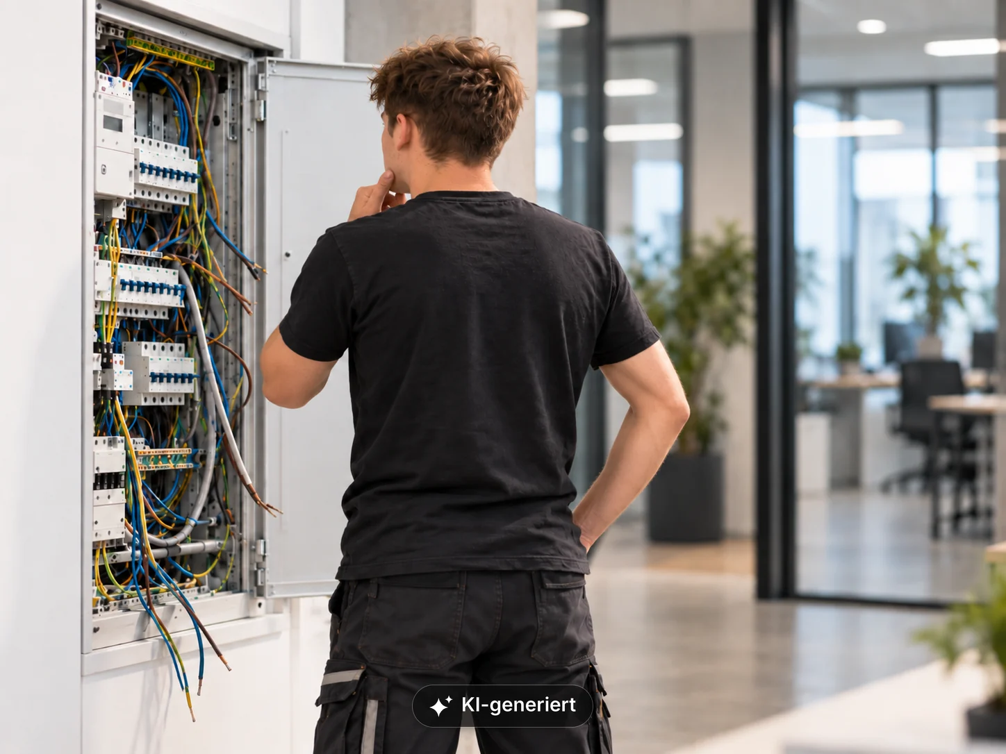 Junger Elektriker steht nachdenklich vor einem offenen Schaltschrank mit losen Kabeln in einem Bürogebäude