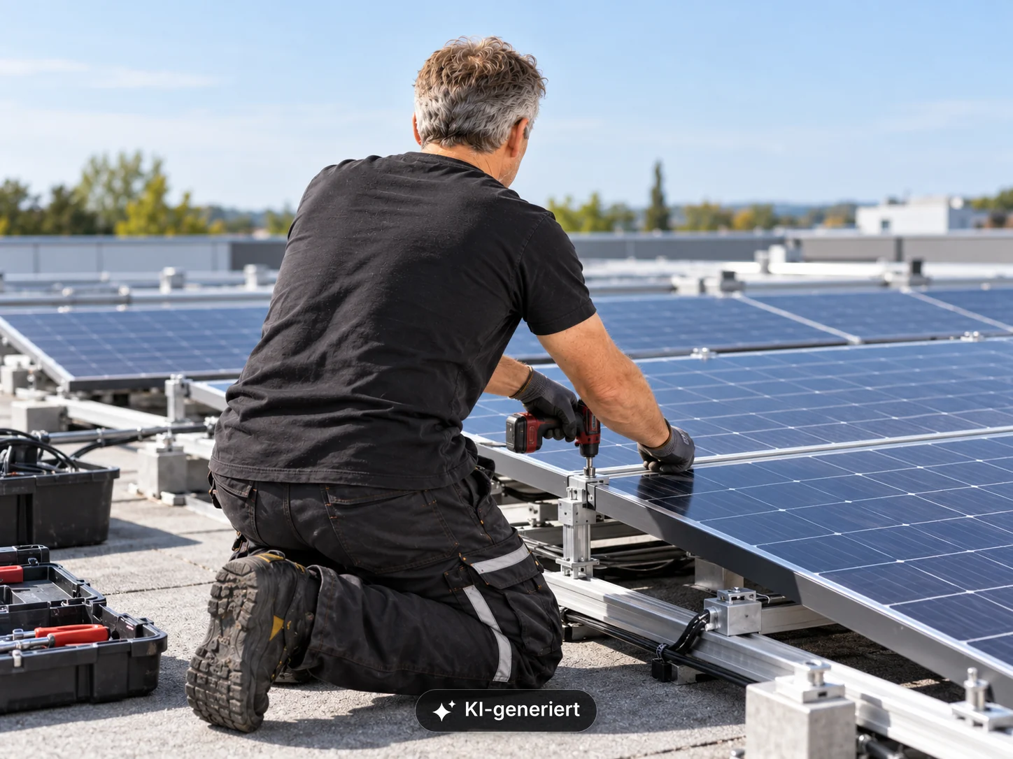 Elektriker montiert mit einem Akkuschrauber Solarmodule auf einem Flachdach