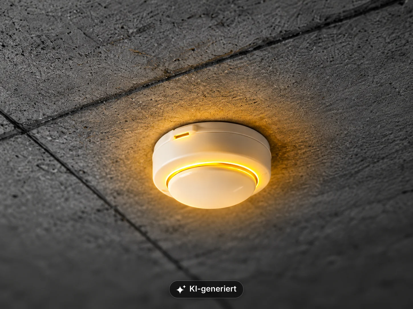 Rauchmelder mit leuchtendem LED-Ring an einer Betondecke
