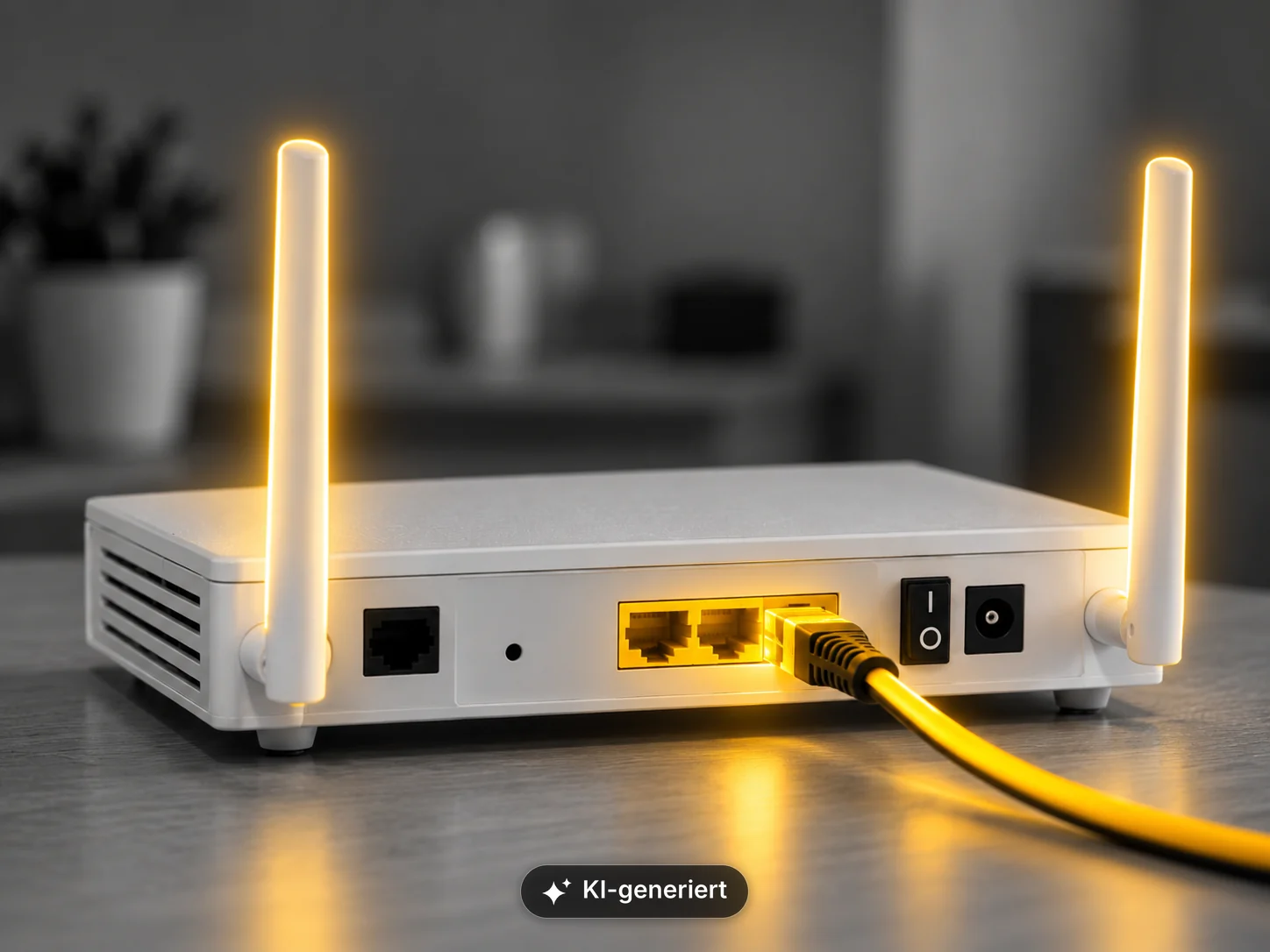 WLAN-Router mit angeschlossenem gelbem Netzwerkkabel
