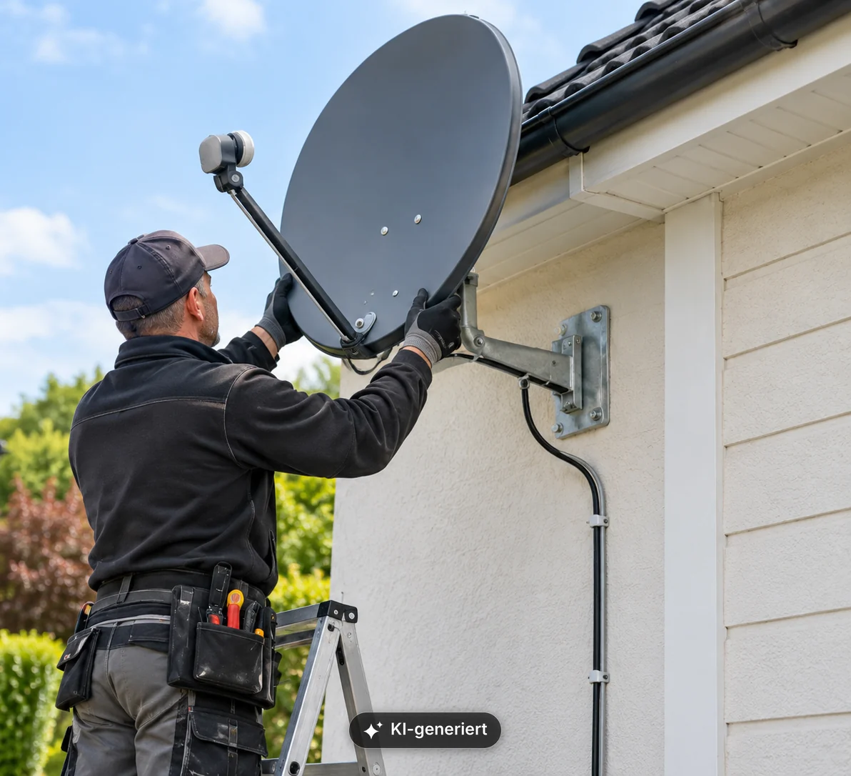 Techniker auf einer Leiter montiert eine Satellitenschüssel an einer Hauswand
