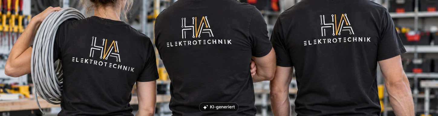 Drei Mitarbeitende in schwarzen T-Shirts mit HA-Elektrotechnik-Logo, von hinten in einer Werkstatt