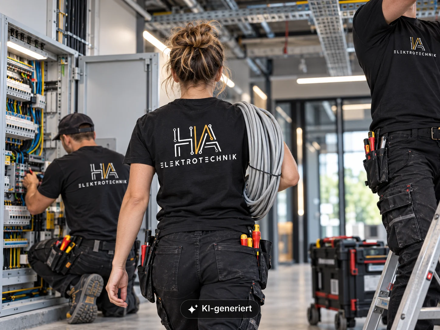 Drei Elektriker in HA-Elektrotechnik-Kleidung arbeiten an Schaltschränken und Kabeltrassen in einem Gewerbeneubau